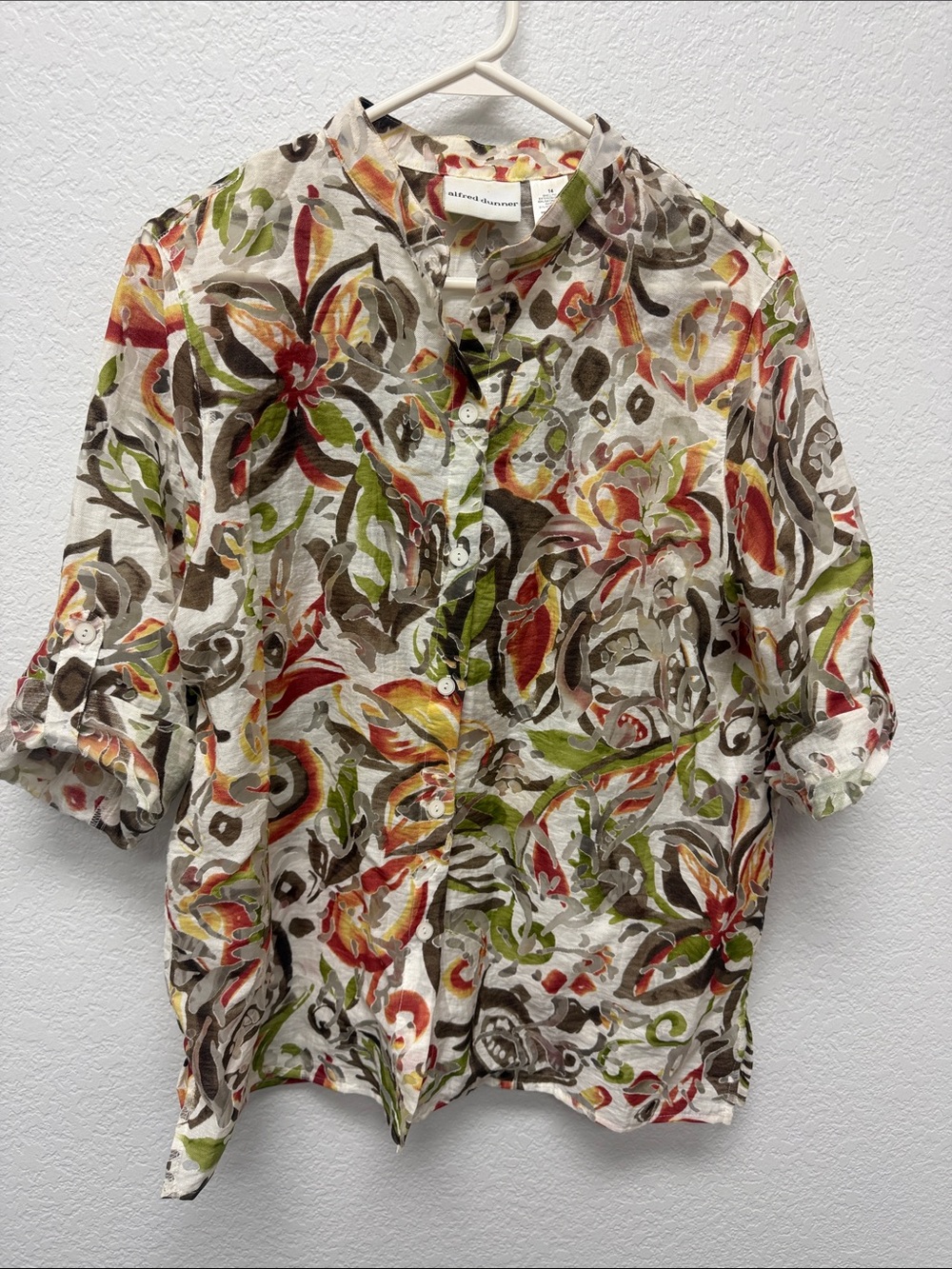 Alfred Dunner Floral Button-Front SHEER Linen Shirt in Cream, Green & Rust